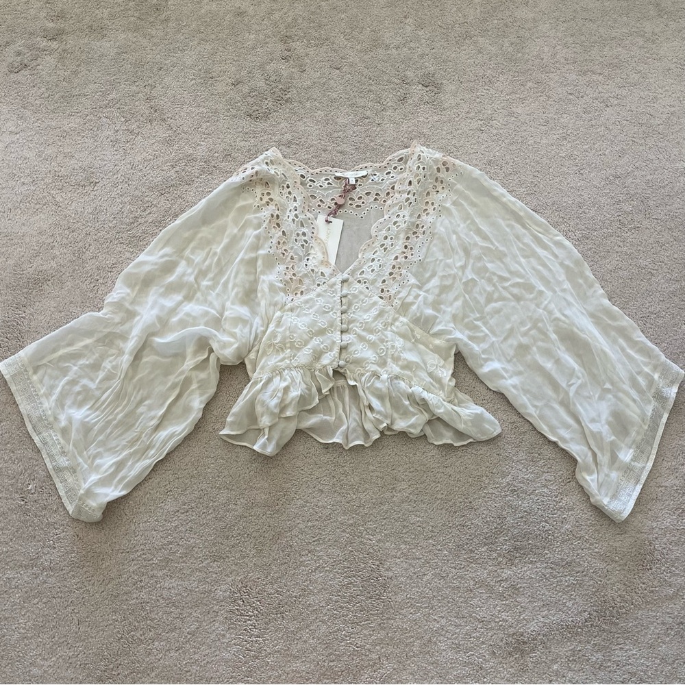 Loveshackfancy Mars cropped blouse in cream, size 8 NWT
